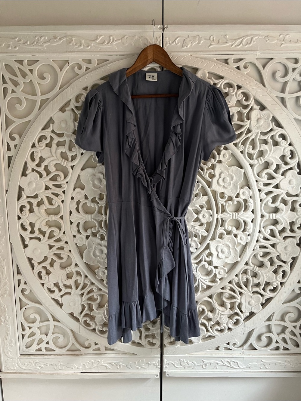 Sunday Best Aritzia  Blue Grey Ruffle Wrap Mini Dress Size M